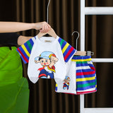 Boys Multicolor Striped Raglan Sleeves Graphic T-Shirt With Shorts Set