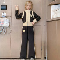 Girls Dark Grey Color-blocked Zipper Jacket With Wide Leg Pants Set Sets Dark Grey 5-6 Y