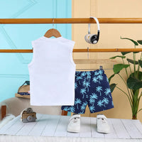 Boys Blue California Printed Vest With Printed Drawstring Shorts Sets Sets