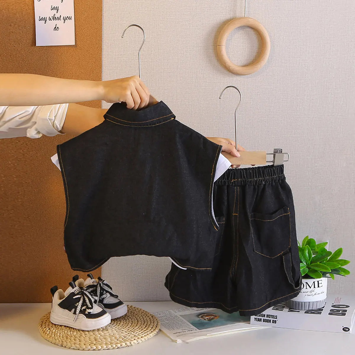 Boys Black Denim Sleeveless Jacket With Printed T-Shirt & Shorts Sets Sets