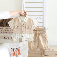Boys Beige Stripe Short Sleeves Pocket Flap Shirt With Shorts Set 2 pc. Sets Beige 1-2 Y