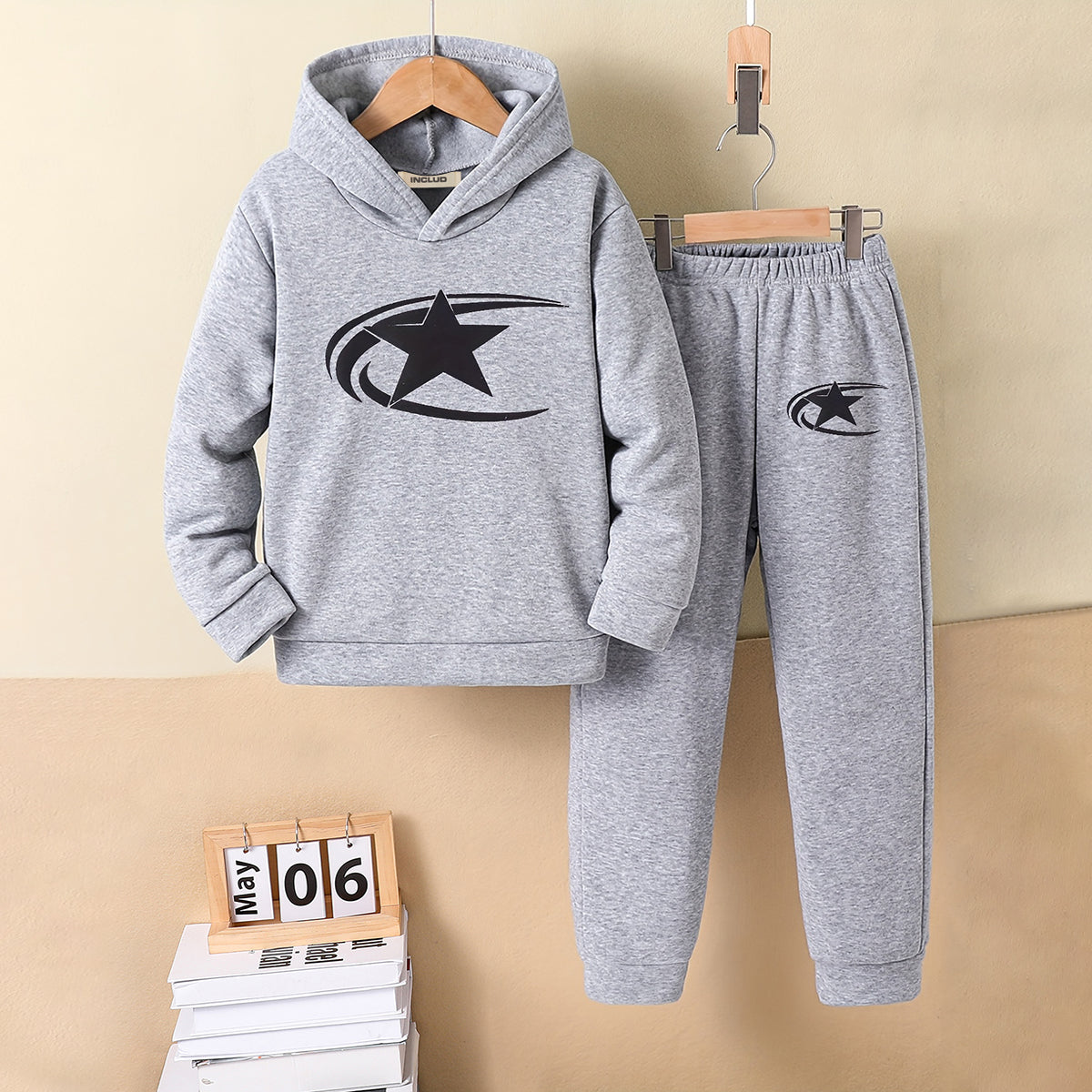 Boys Grey Melange Star Printed Hooded Sweatshirt with Joggers Set Sets Grey 5-6 Y
