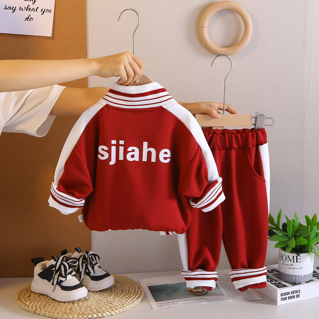 Boys Red Typographic Printed Front Open Jacket With T-Shirt & Joggers Set Sets