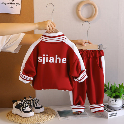 Boys Red Typographic Printed Front Open Jacket With T-Shirt & Joggers Set Sets
