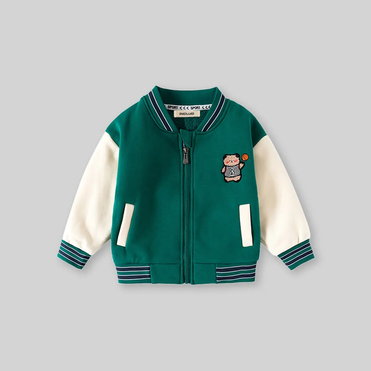 Boys Green Bear Cartoon Applique Varsity Jacket Coats & Jackets