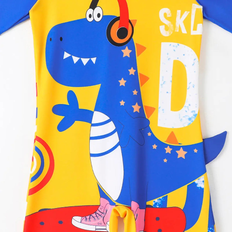 Boys Yellow Dinosaur Cartoon Print Swimwear Bodysuit Beachwear