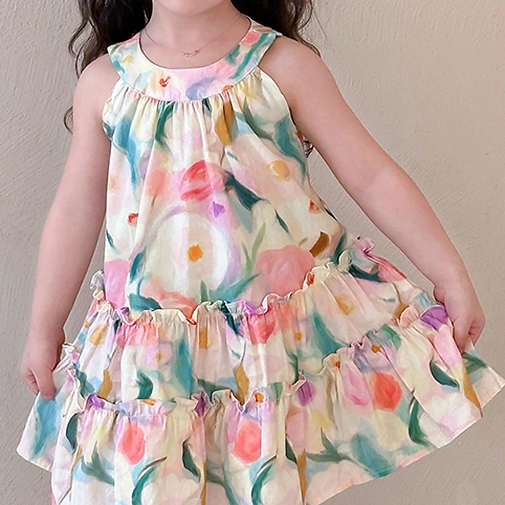 Girls Multicolour Floral Print Sleeveless A-line Dress Casual Dresses