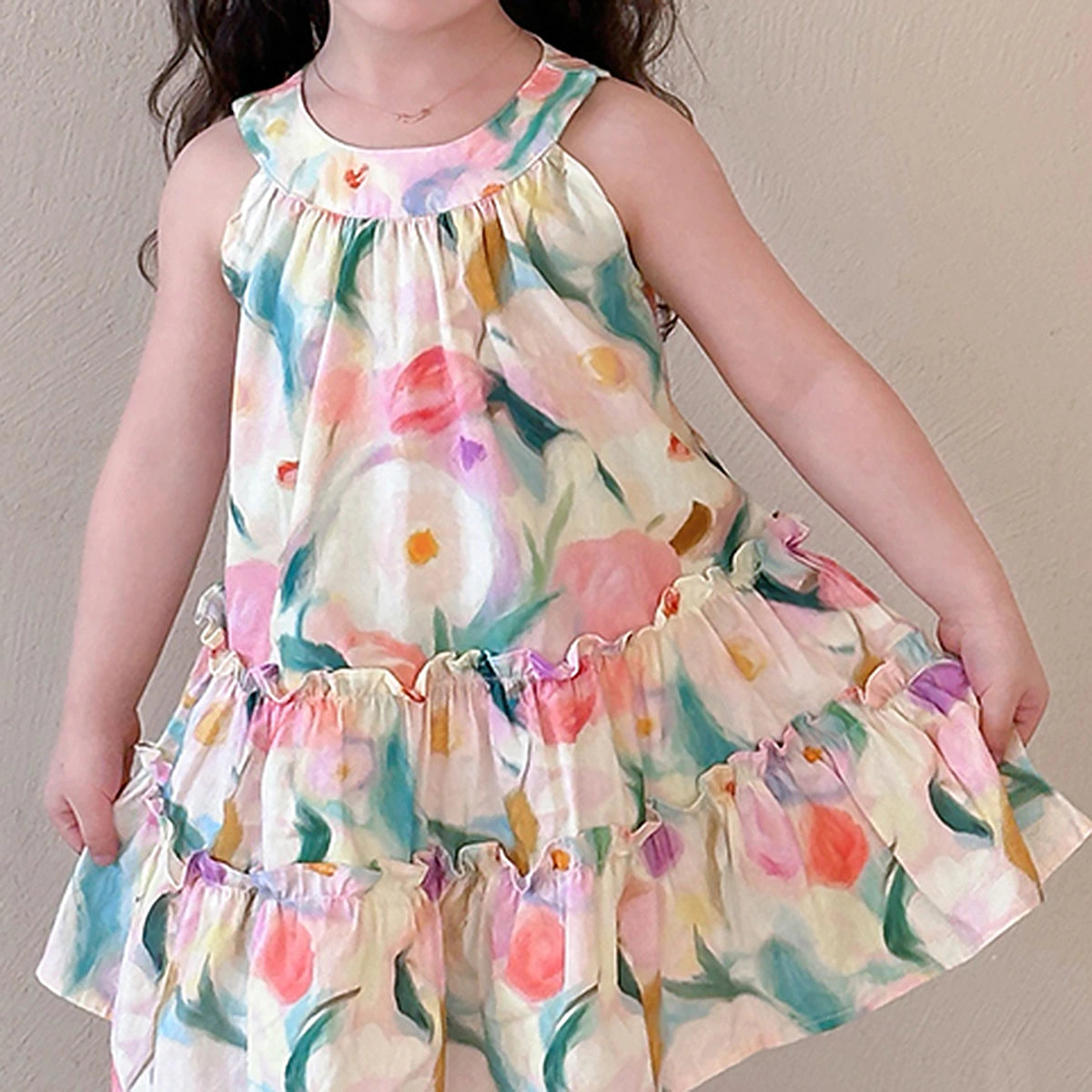 Girls Multicolour Floral Print Sleeveless A-line Dress Casual Dresses