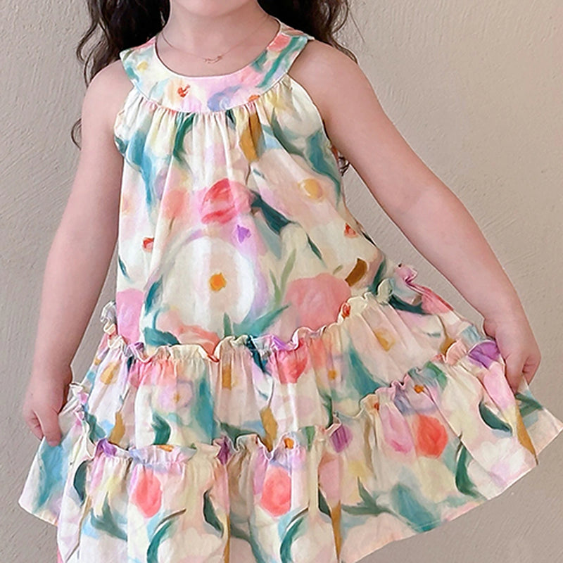 Girls Multicolour Floral Print Sleeveless A-line Dress Casual Dresses