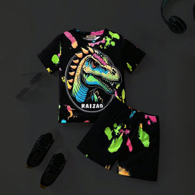 Boys Black Dinosaur Printed Glow in the Dark T-Shirt With Shorts Co-ord Set 2 pc. Sets Black 3-4 Y