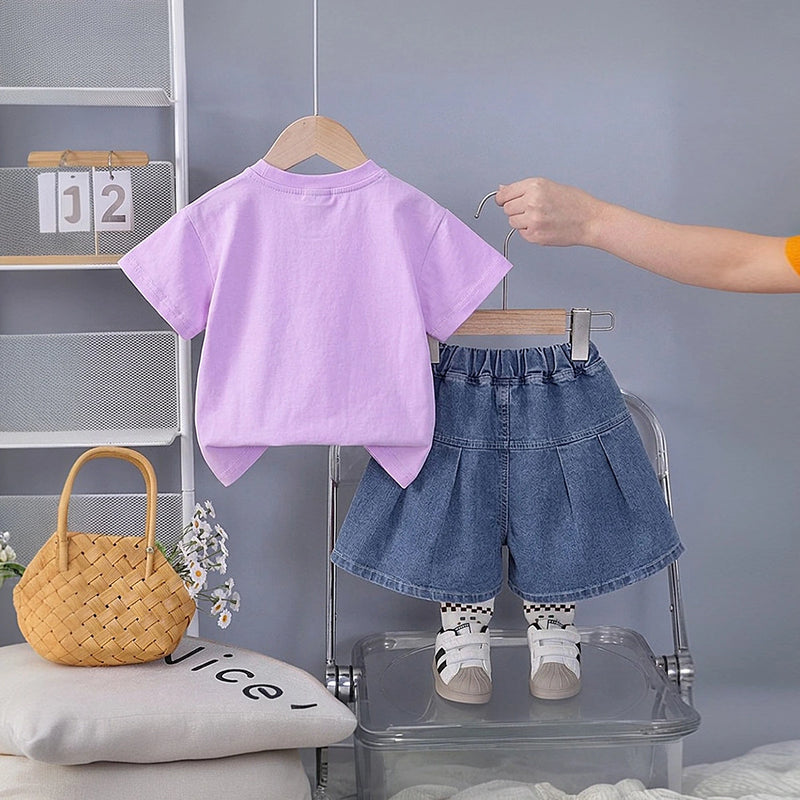 Girls Lavender Butterfly Printed Half Sleeve T-Shirt With Denim Skirt Sets 2 pc. Sets