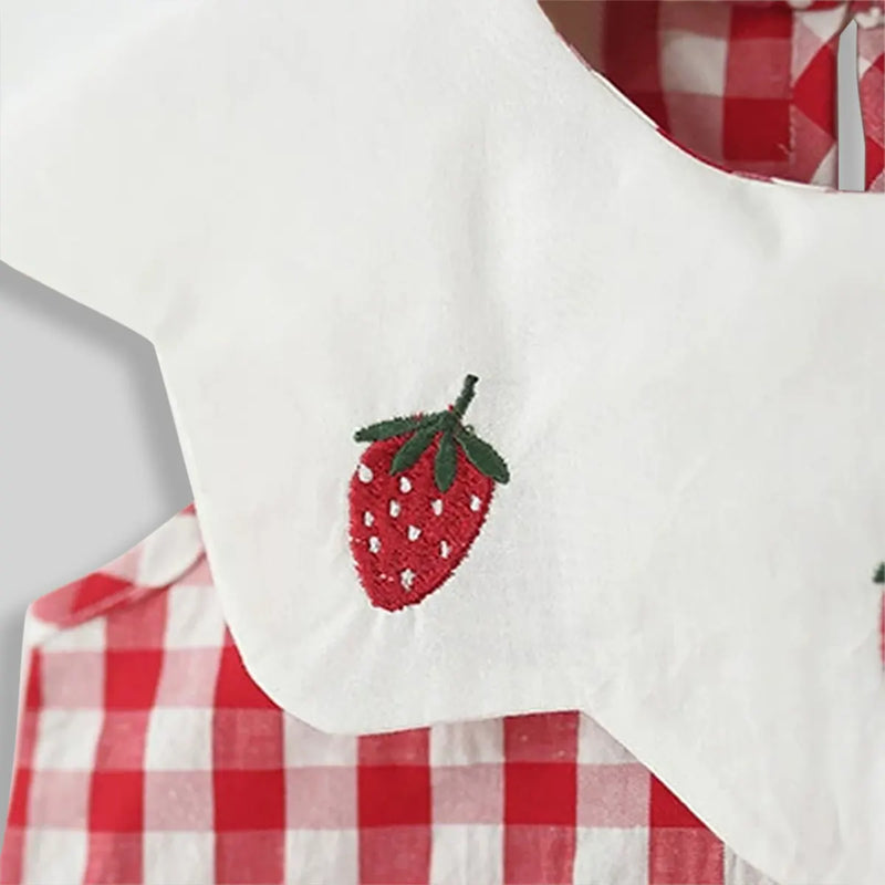 Girls Red Checked A-line Dress With Strawberry Patch Embroidery Casual Dresses