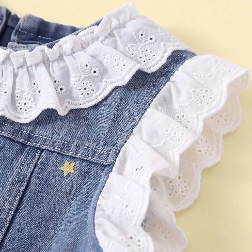 Girls Blue Star Print Short Sleeve Denim Dress Casual Dresses