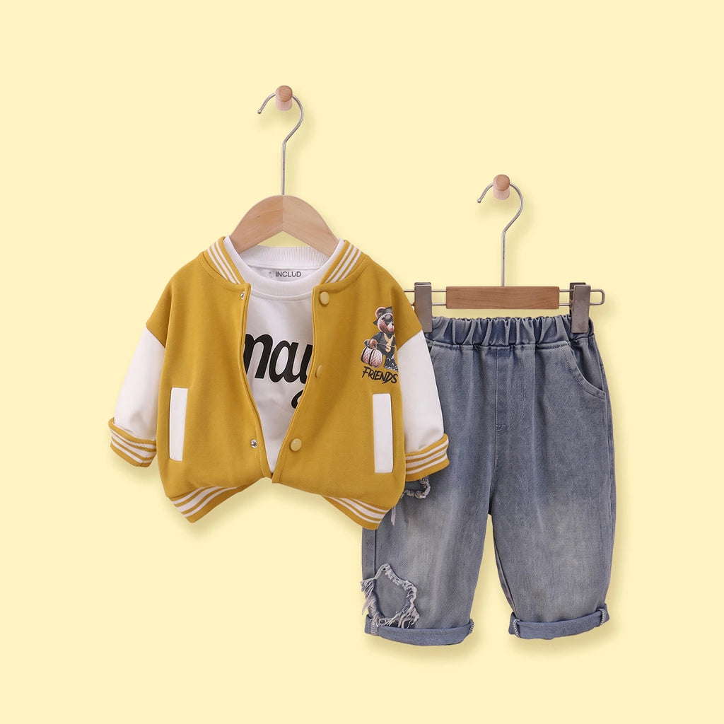 Boys Yellow Graphic Jacket With T-Shirt And Denim Pants Sets 3 pc. Sets Yellow 1-2 Y