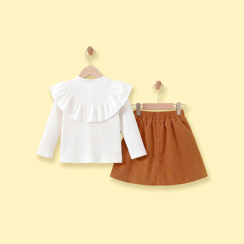 Girls Brown Bow Applique Long Sleeve Top with Skirt Sets 2 pc. Sets