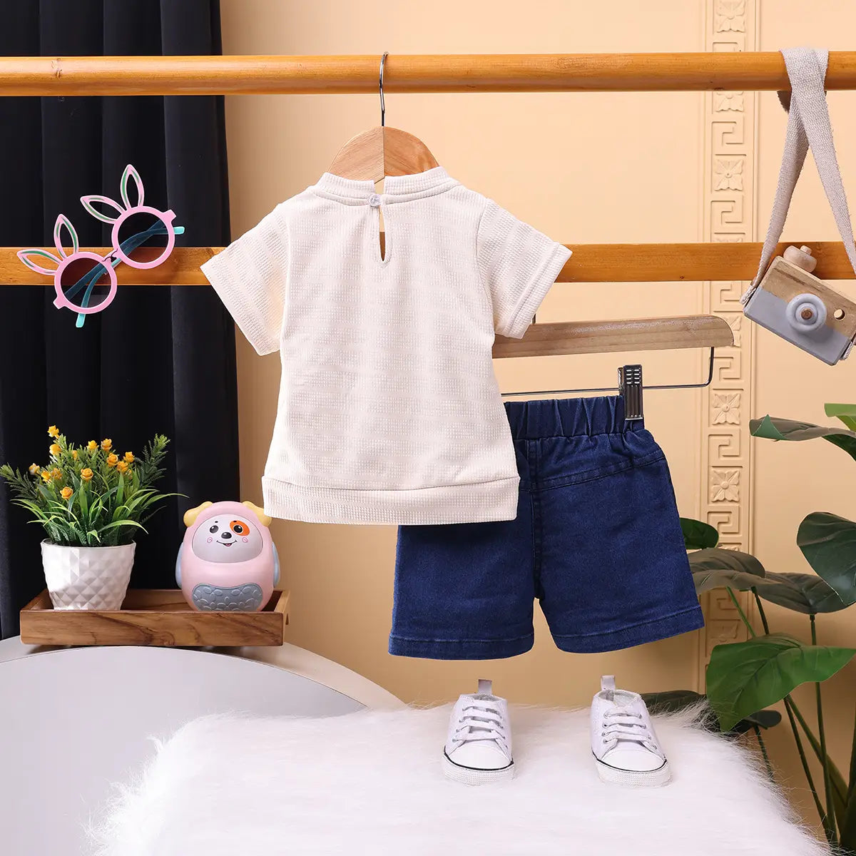 Girls Peach Embroidered Short Sleeve T-Shirt With Denim Shorts Sets 2 pc. Sets