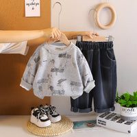 Boys Grey Typographic Sweatshirt With Denim Pants Set 2 pc. Sets Grey 1-2 Y