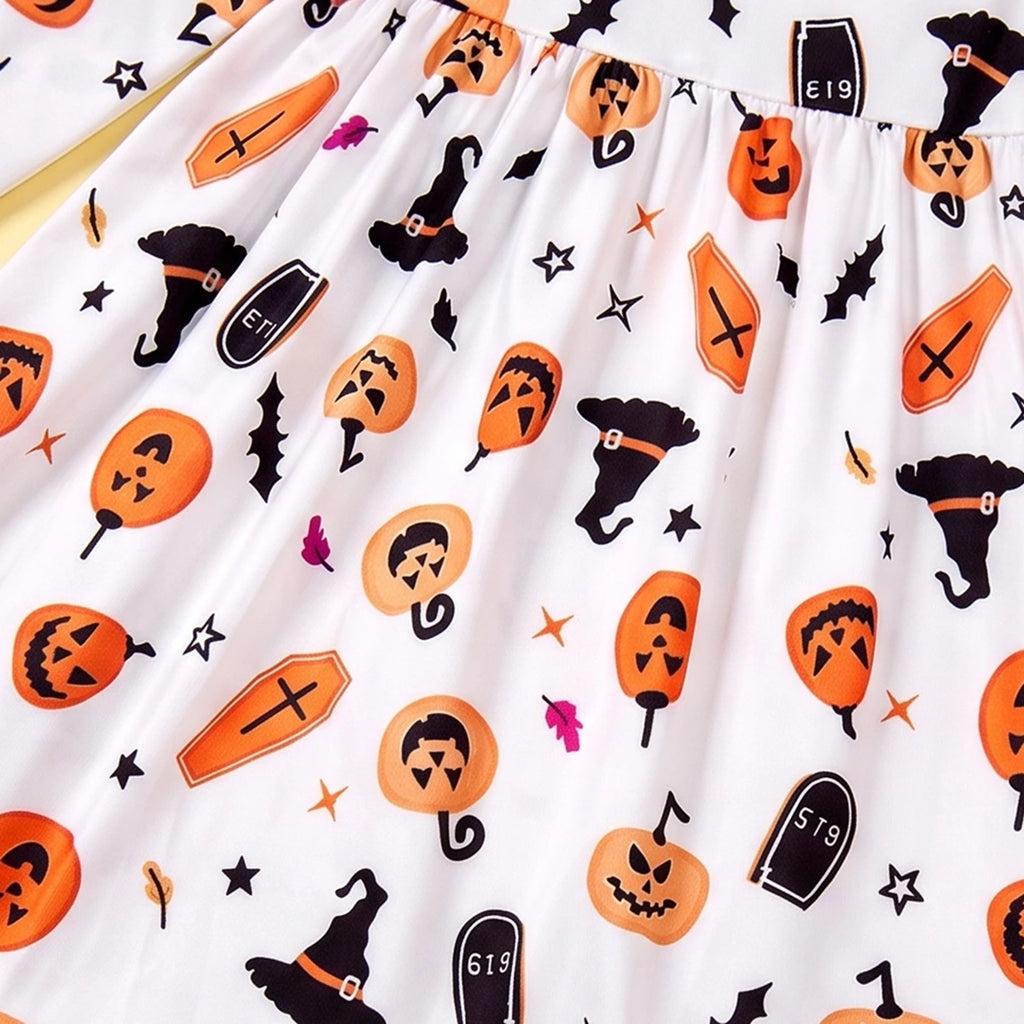 Girls White Halloween Pumpkin Print Fit & Flare Dress Casual Dresses