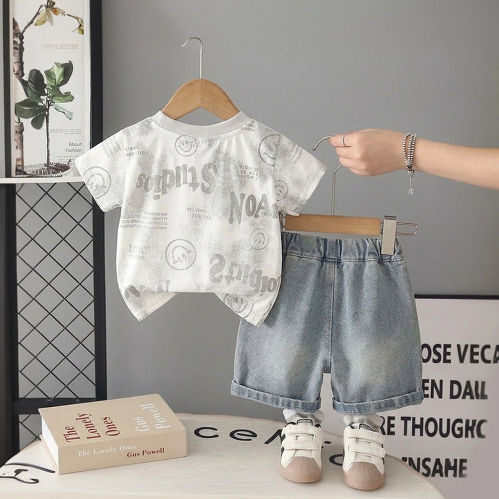 Boys Off White Typographic Printed Short Sleeve T-shirt With Denim Shorts Sets 2 pc. Sets