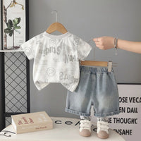 Boys Off White Typographic Printed Short Sleeve T-shirt With Denim Shorts Sets 2 pc. Sets