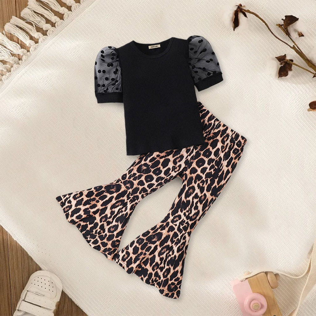 Girls Lace Sleeve Top With Animal Print Wide Leg Pants