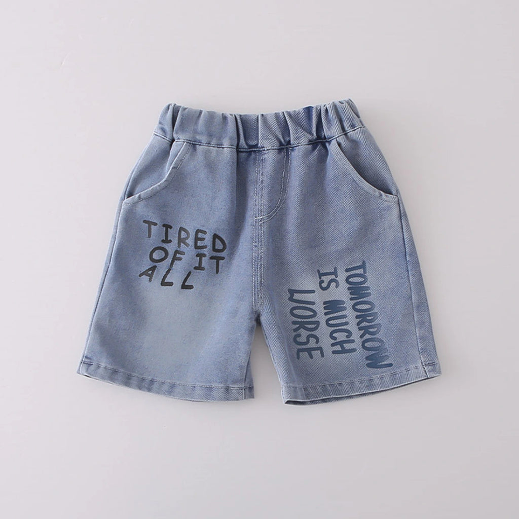 Boys Off White Graphics Polo T-Shirt With Printed Denim Shorts Set Sets