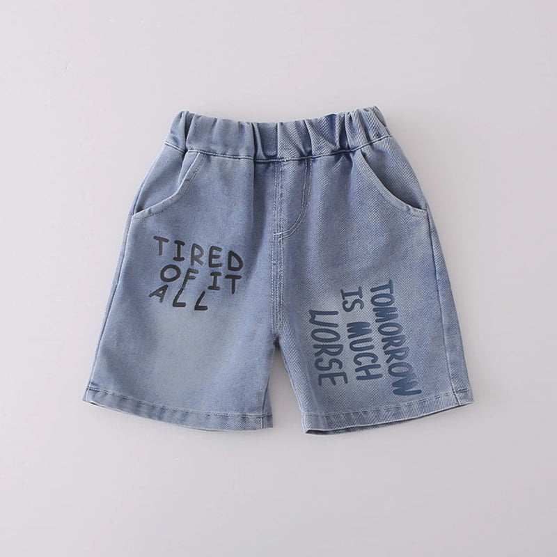 Boys Off White Graphics Polo T-Shirt With Printed Denim Shorts Set Sets