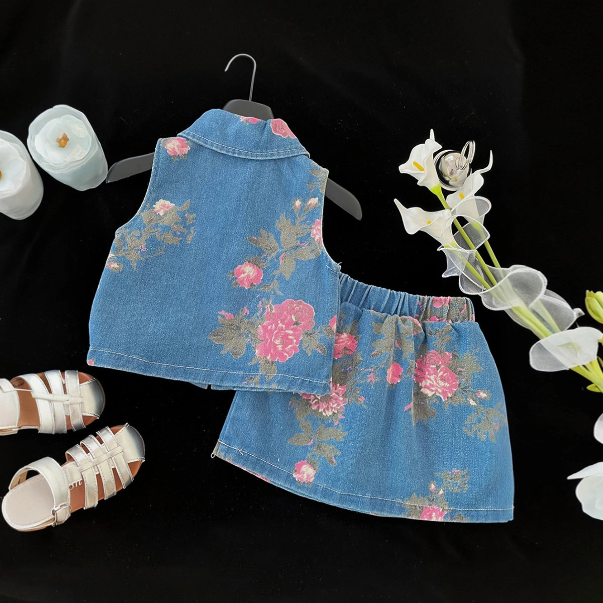Girls Blue Floral Print Sleeveless Top With Denim Skirt Sets 2 pc. Sets