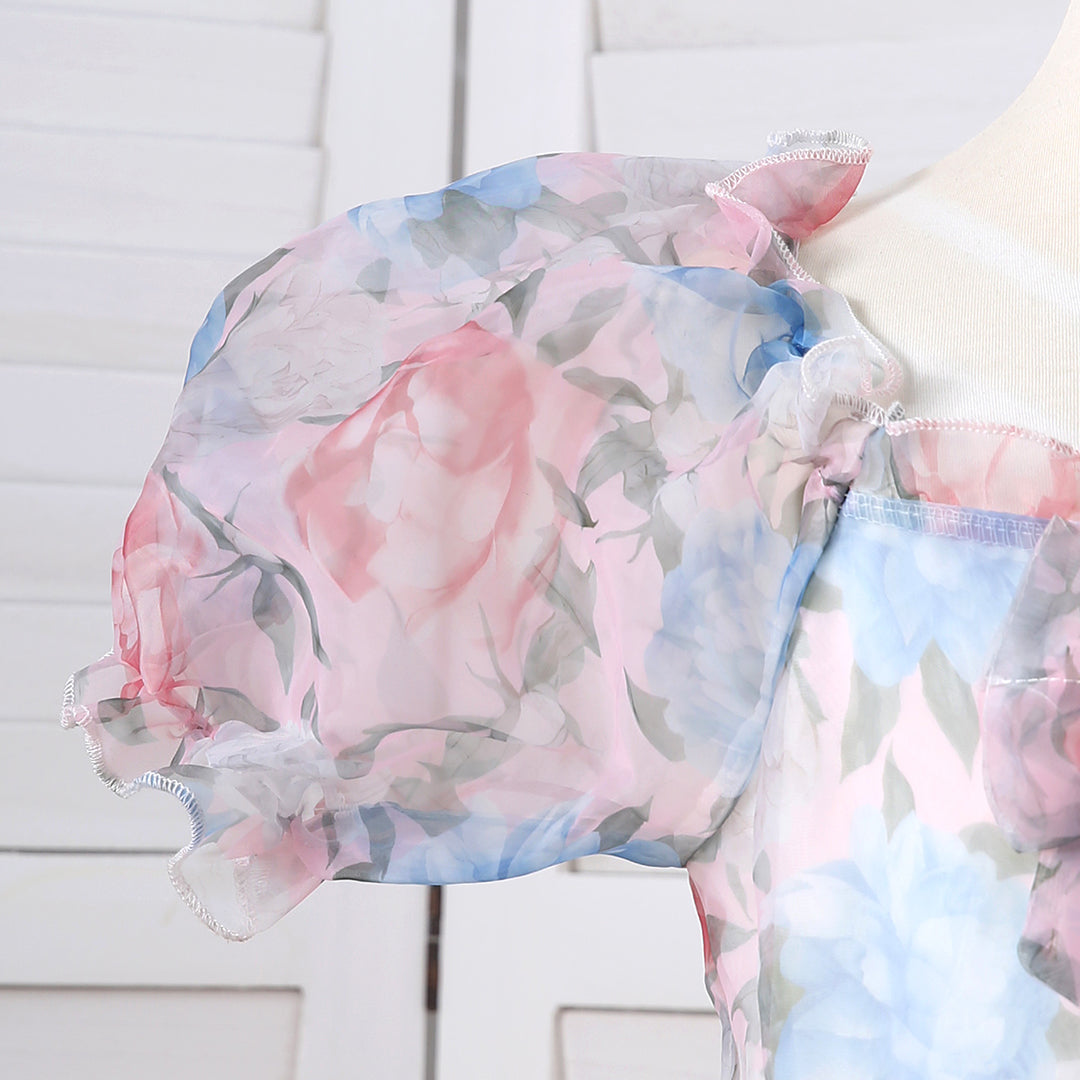 Girls Multicolor Puff Sleeve Floral Print Fit & Flare Dress Casual Dresses