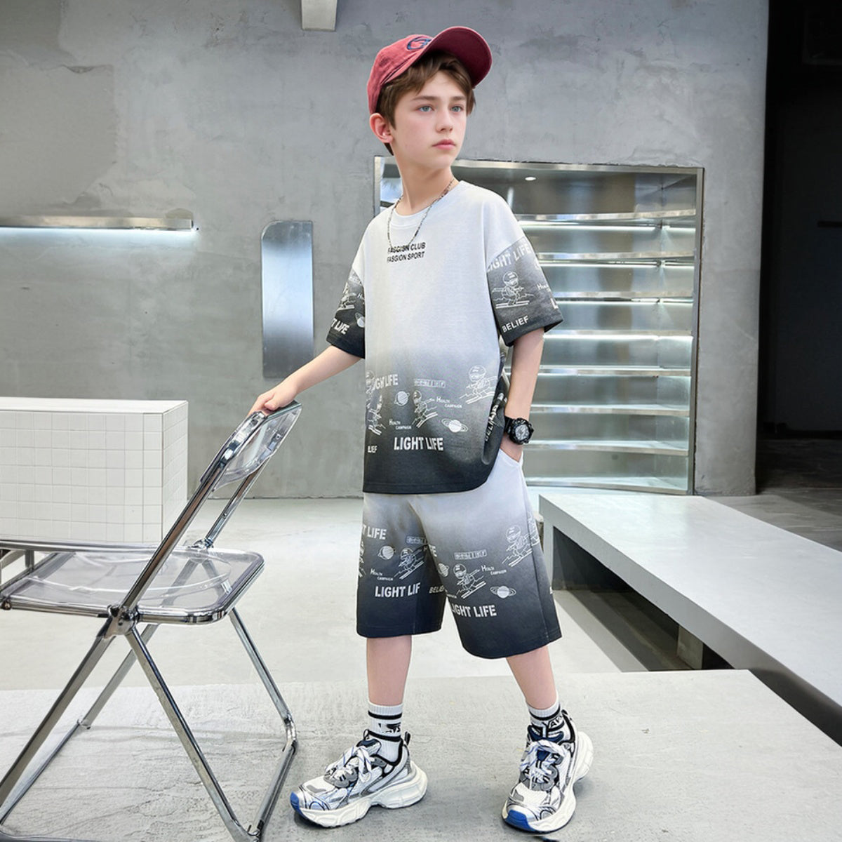 Boys White Typographic Printed Summer T-Shirt With Shorts Set 2 pc. Sets White 5-6 Y