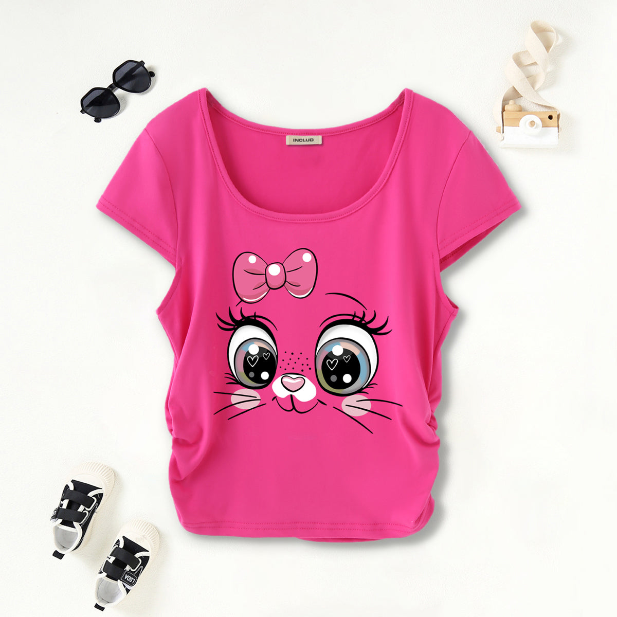 Girls Fuchsia Cat-Eyes Graphic Short Sleeves Scoop Neck T-Shirt Tshirts Fuchsia 7-8 Y