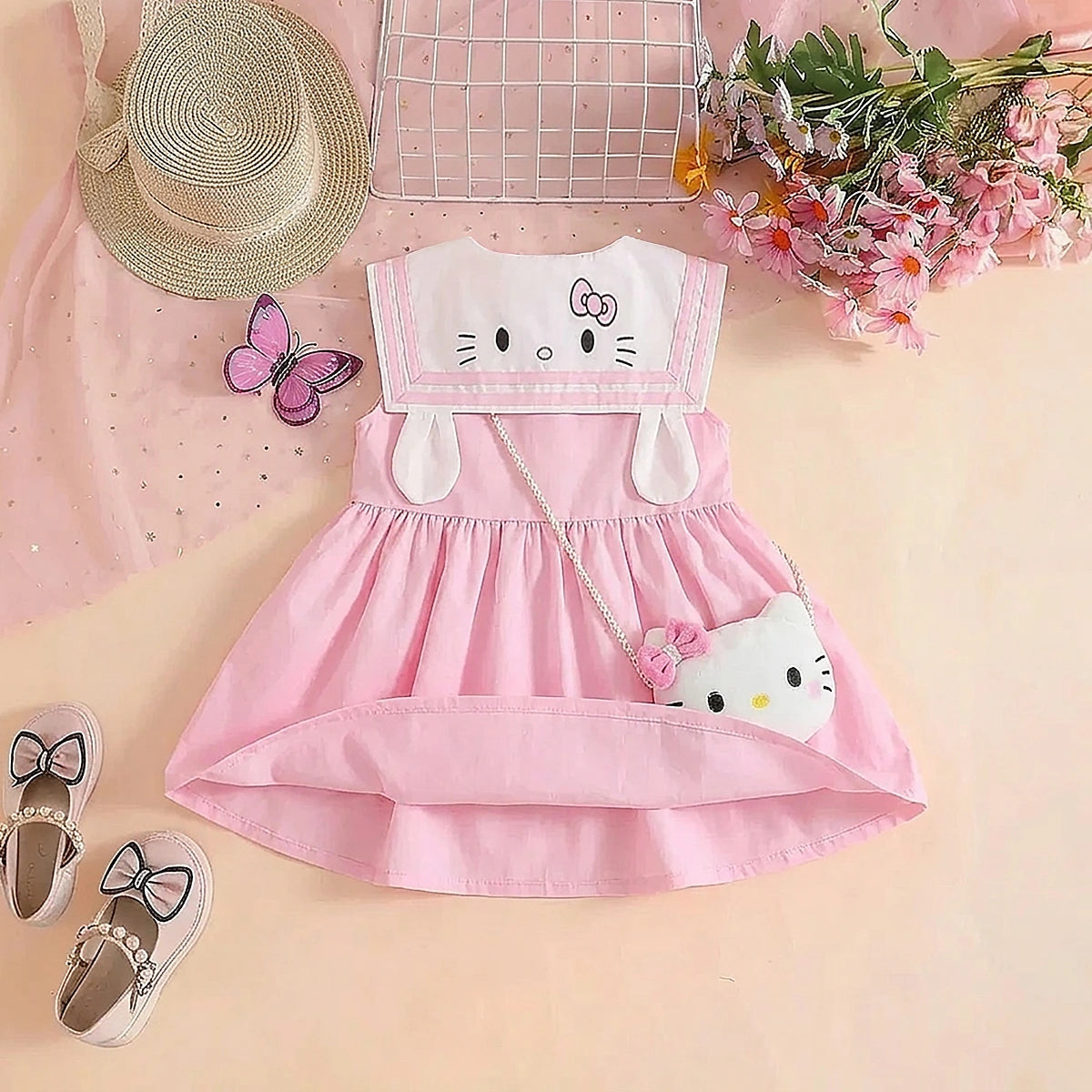 Girls Pink Kitty Applique Sleeveless Balloon Dress With Sling Bag Casual Dresses