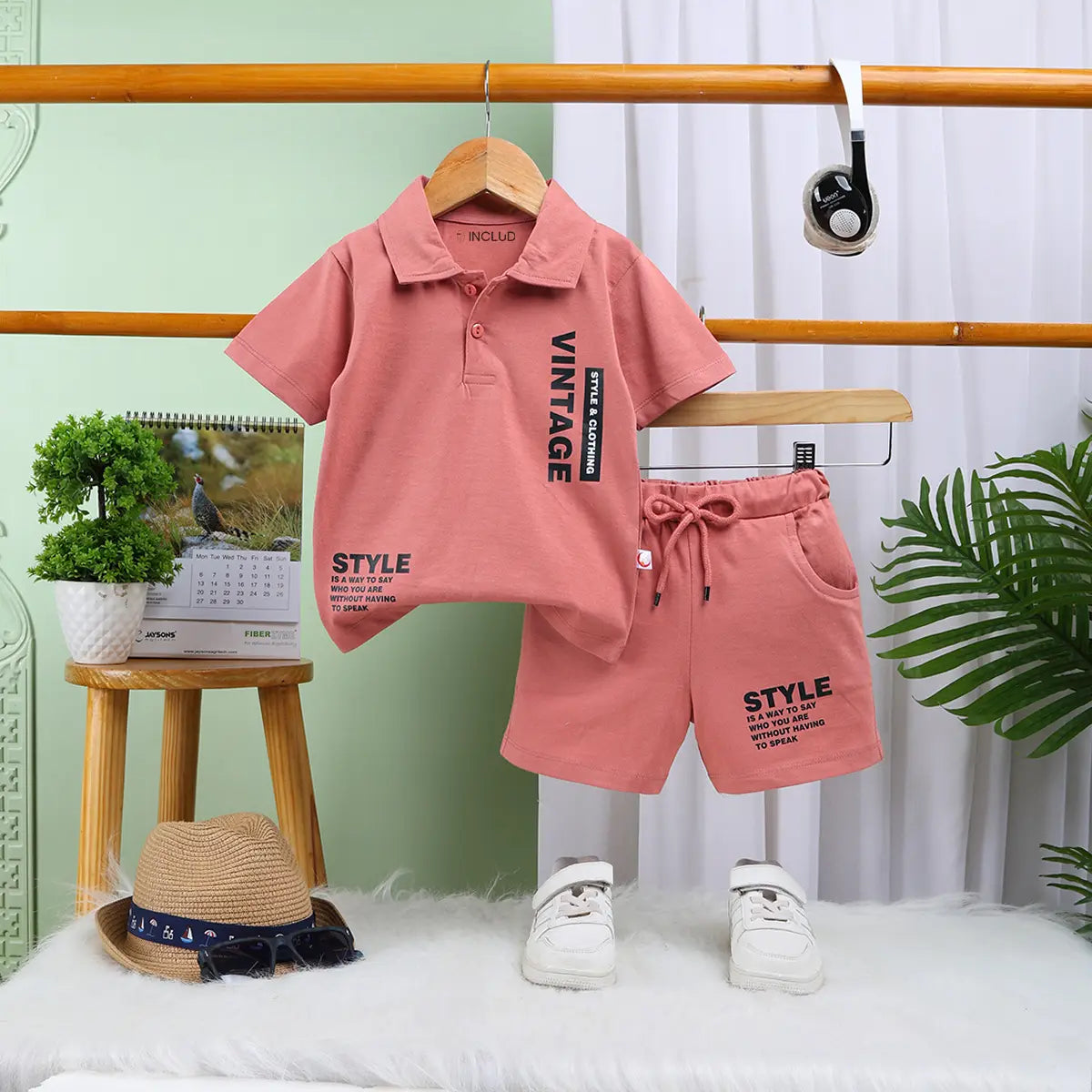 Boys Rust Typographic Print Polo Short Sleeves T-Shirt With Drawstring Shorts Sets Sets Rust 6-12 M