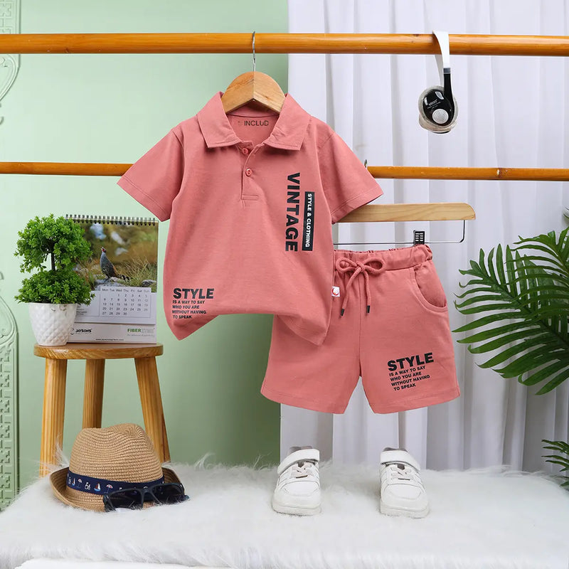 Boys Rust Typographic Print Polo Short Sleeves T-Shirt With Drawstring Shorts Sets Sets Rust 6-12 M
