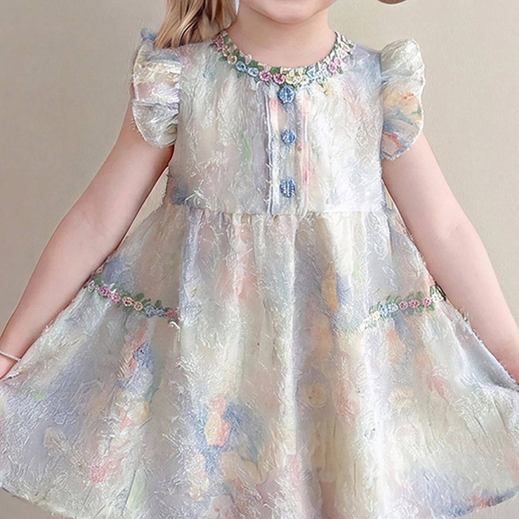 Girls Multicolour Floral Print Flutter Sleeve Flared Dress Casual Dresses