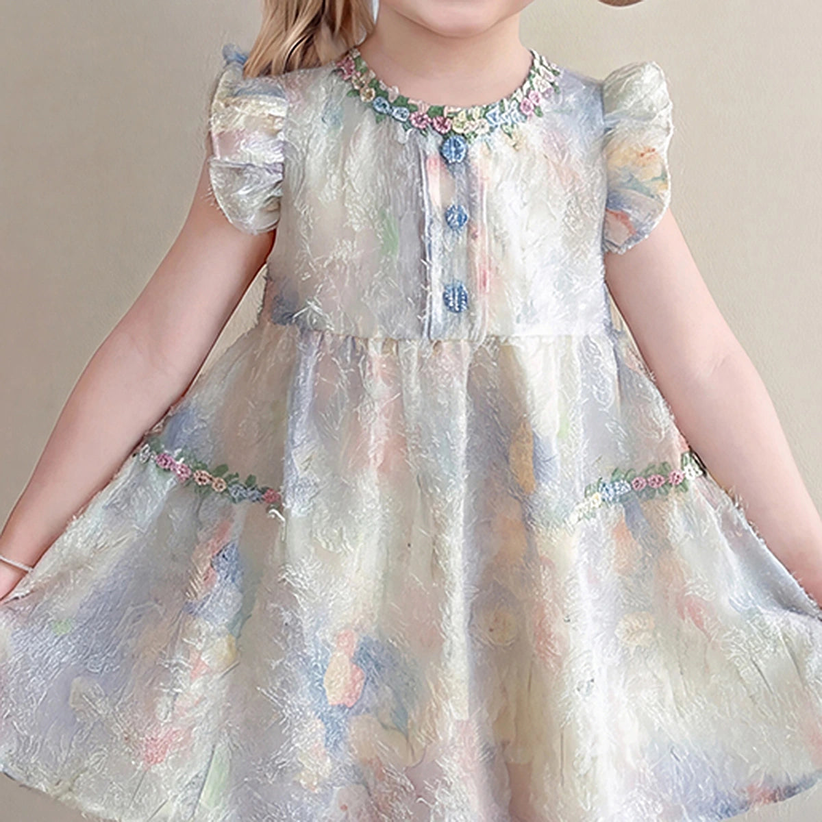 Girls Multicolour Floral Print Flutter Sleeve Flared Dress Casual Dresses