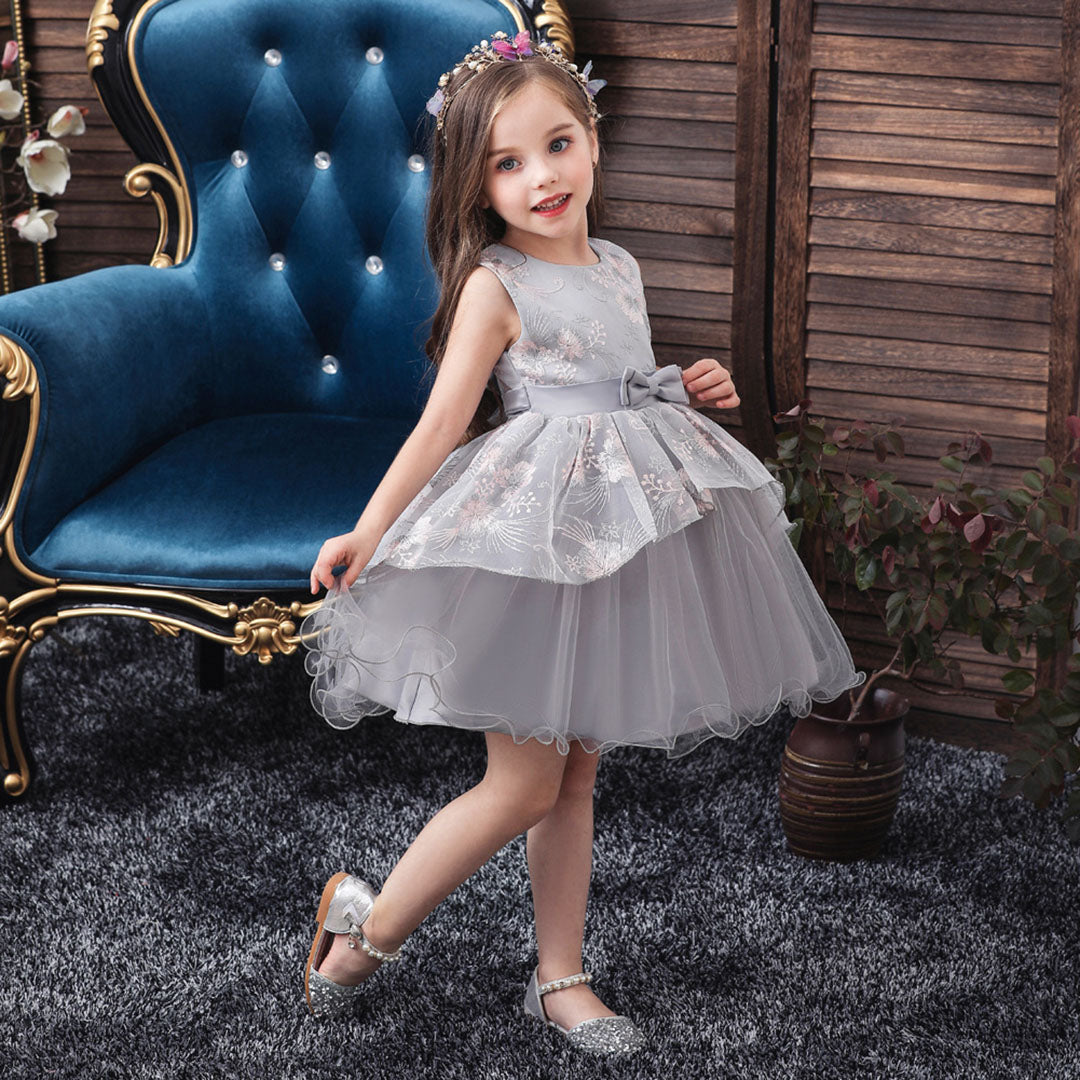 Girls Grey Sleeveless Embroidered Party Wear Balloon Dress Party Dresses