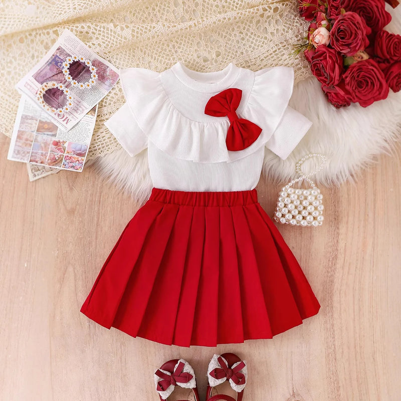 Girls White Bow Applique Short Sleeve Top With Pleated Skirt Sets 2 pc. Sets