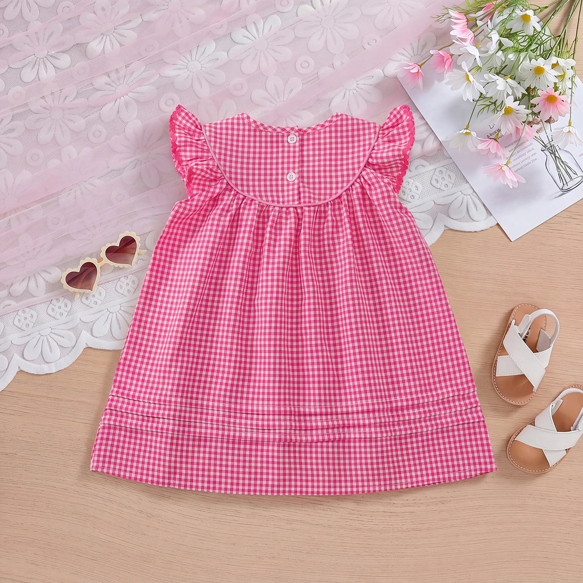 Girls Pink Embroidered Flutter Sleeve Dress Casual Dresses