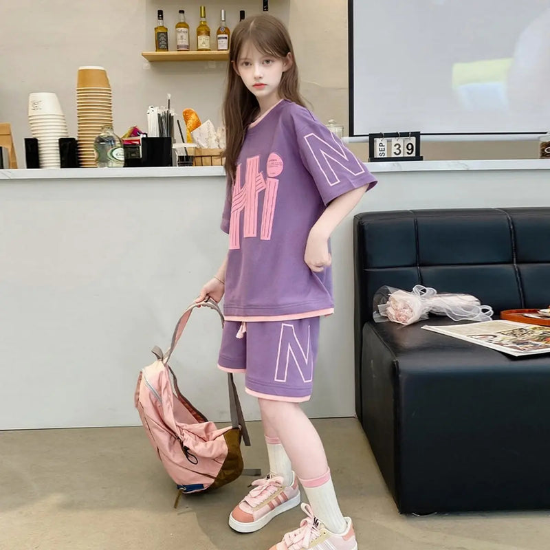 Girls Purple Typographic Printed Oversized T-Shirt With Shorts Set Sets