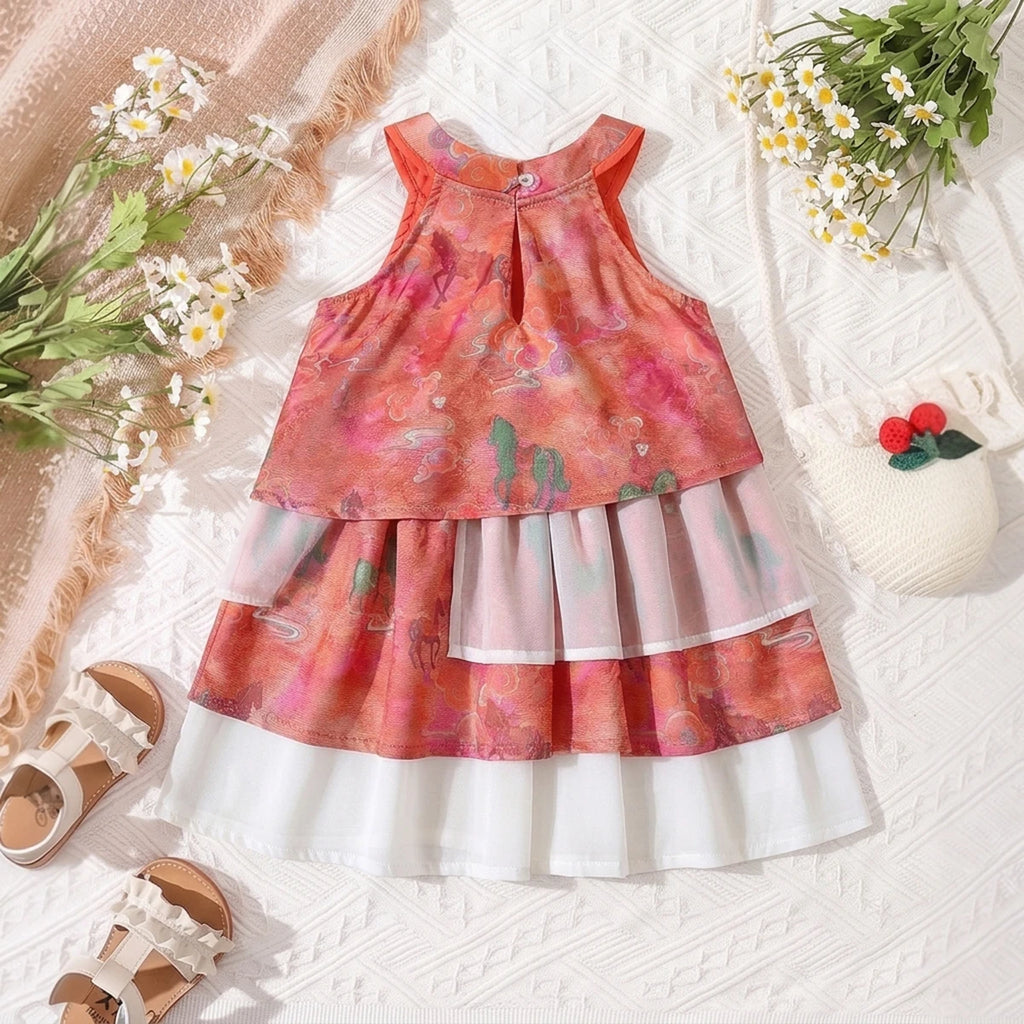 Girls Multicolour Animal Print Sleeveless Layered Dress Casual Dresses