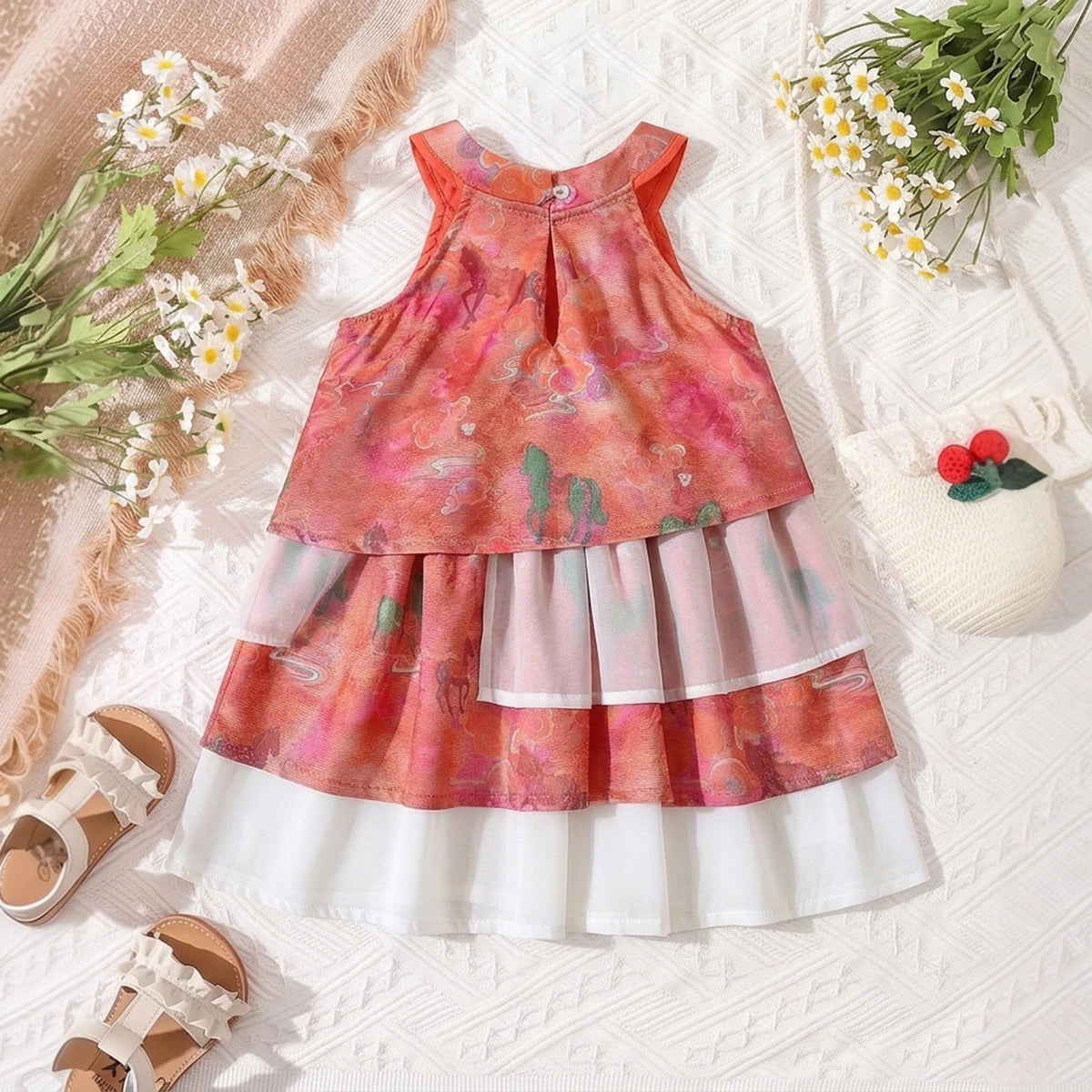 Girls Multicolour Animal Print Sleeveless Layered Dress Casual Dresses