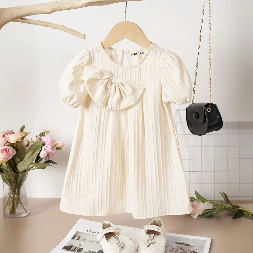 Girls Apricot Stripes A-line Dress With Puff Sleeves Casual Dresses Apricot 1-2 Y