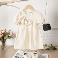 Girls Apricot Stripes A-line Dress With Puff Sleeves Casual Dresses Apricot 1-2 Y