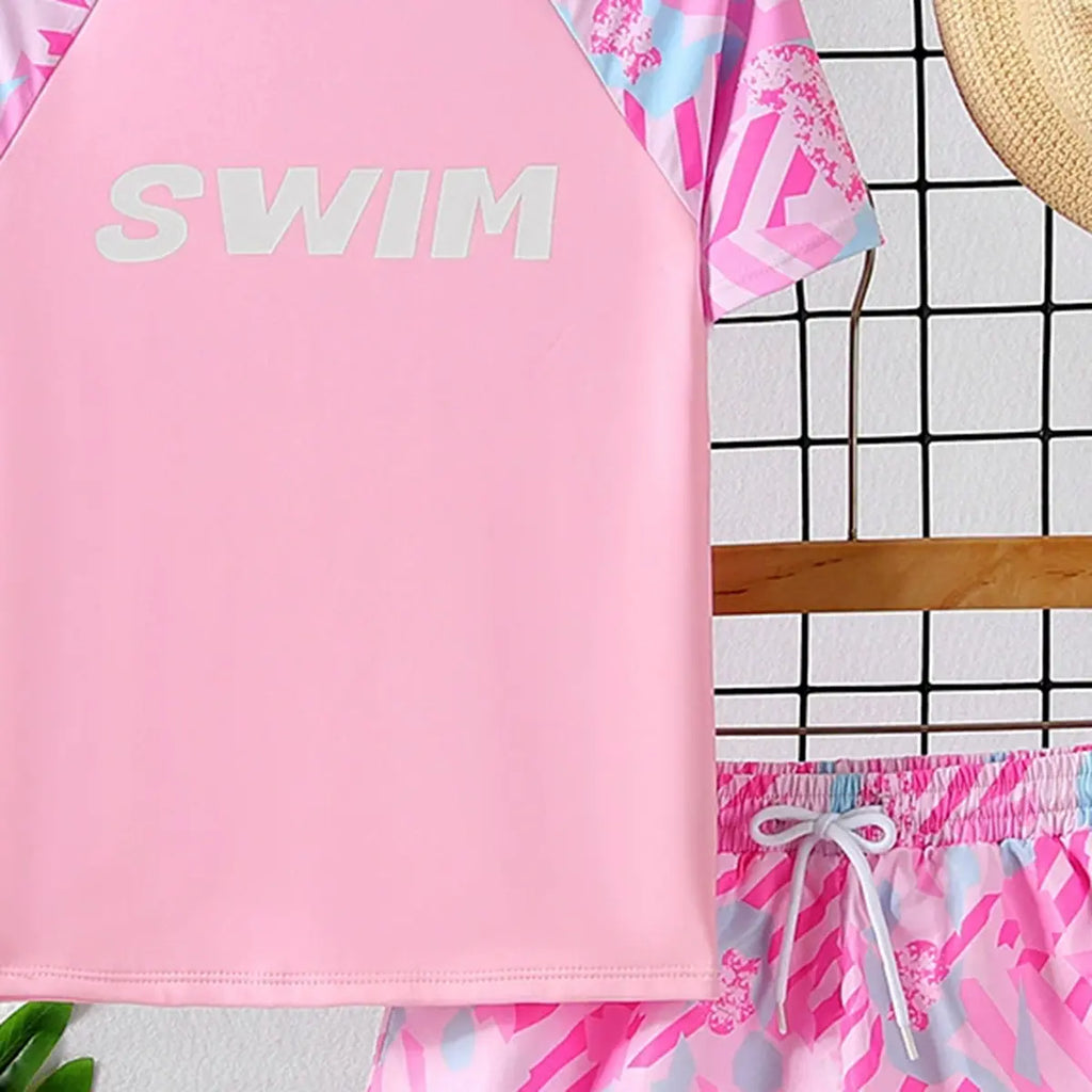 Girls Pink Abstract Printed Long Sleeves T-Shirt & Shorts Swimsuit Sets Sets