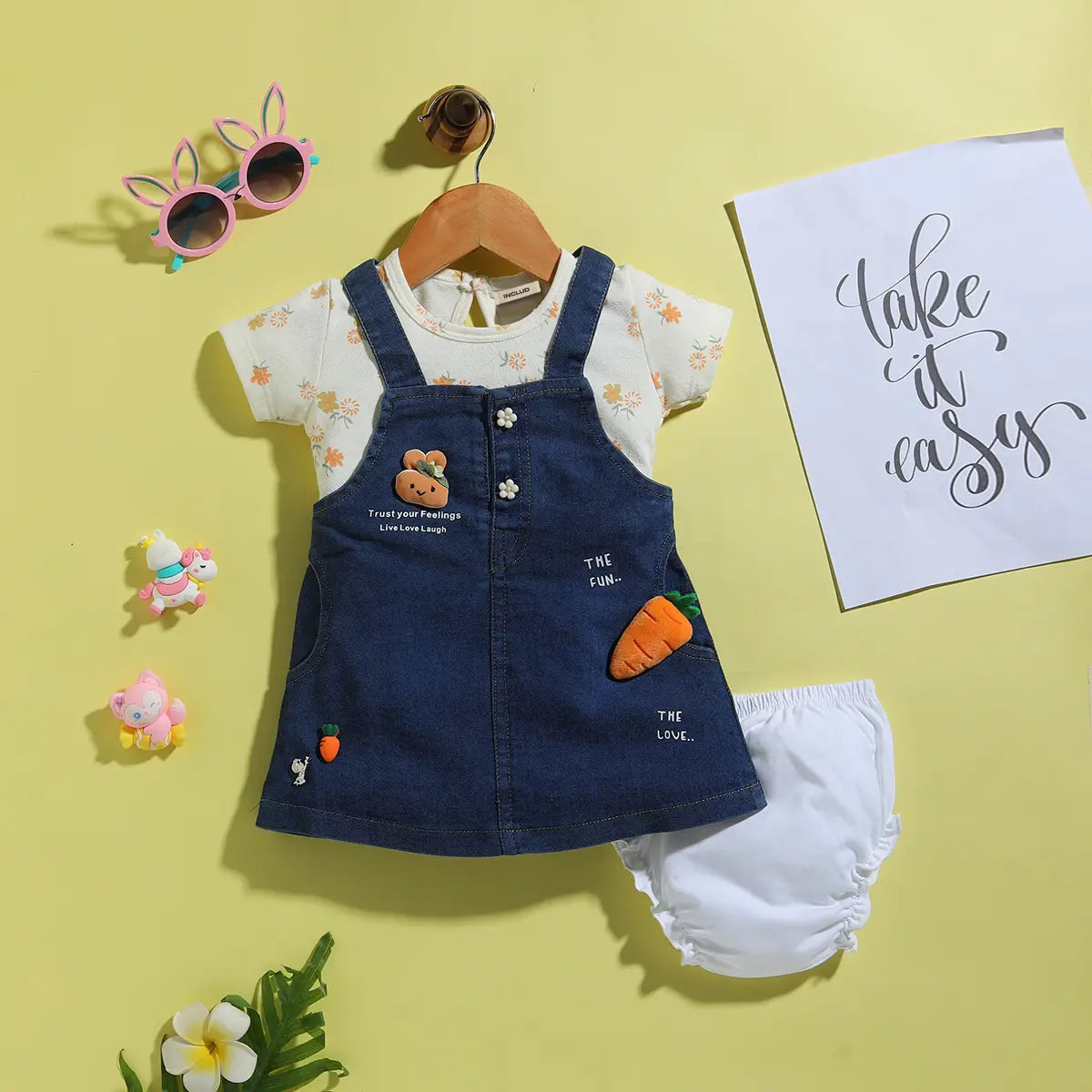 Girls Orange Applique Printed T-Shirt With Denim Dungaree and Diaper Cover Sets 3 pc. Sets Orange 0-3 M