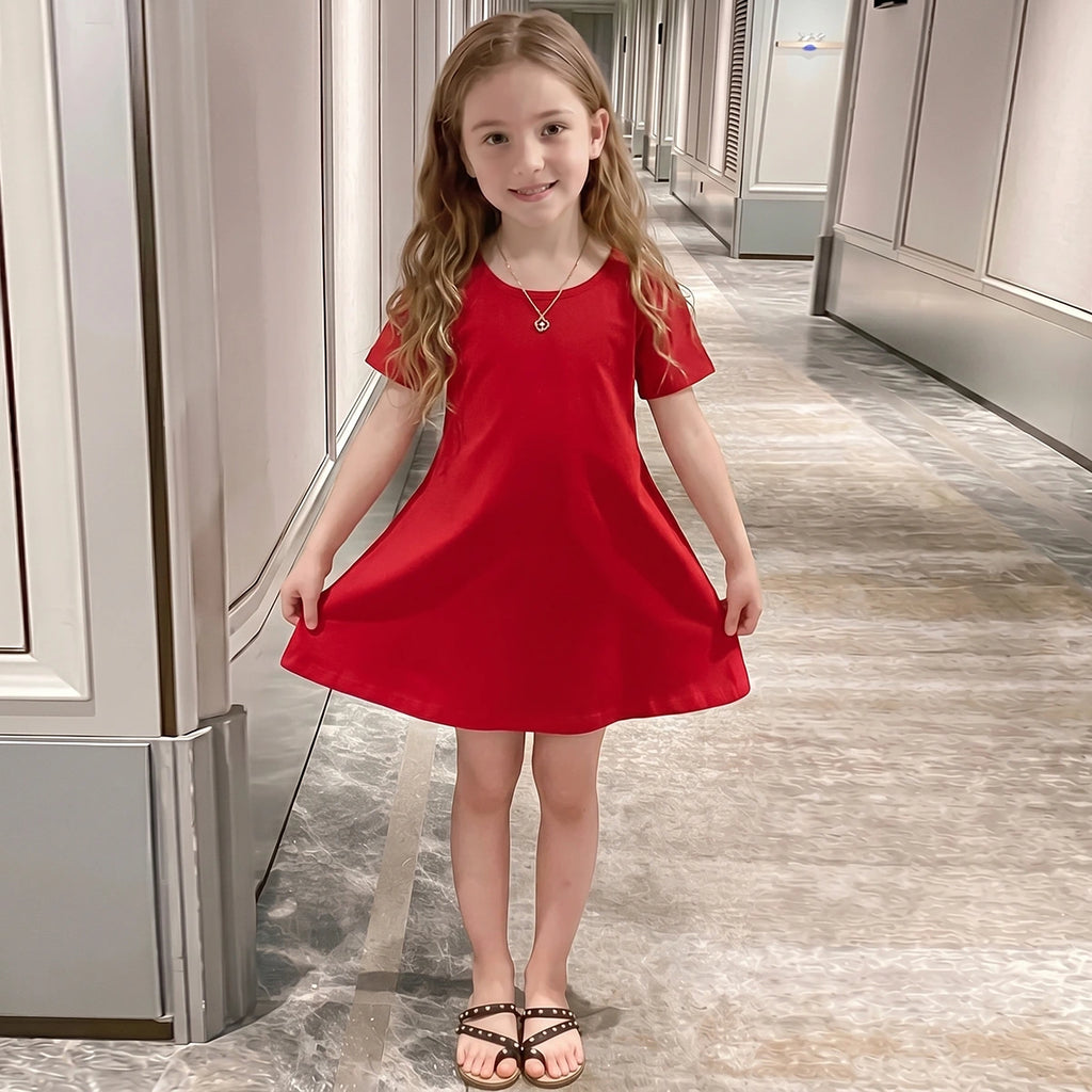 Girls Red Solid Short Sleeve Cross-Back A-Line Dress Casual Dresses Red 3-4 Y