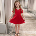 Girls Red Solid Short Sleeve Cross-Back A-Line Dress Casual Dresses Red 3-4 Y
