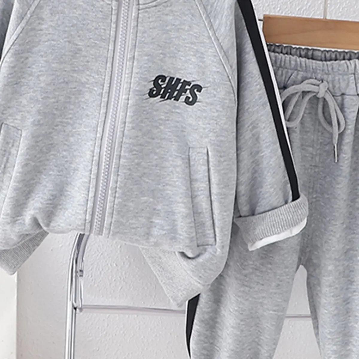 Boys Grey Typographic Printed Zipper Jacket With Jogger Co-ord Sets Sets