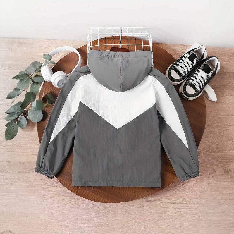 Boys Grey Solid Hooded Front Zipper Jacket Coats & Jackets